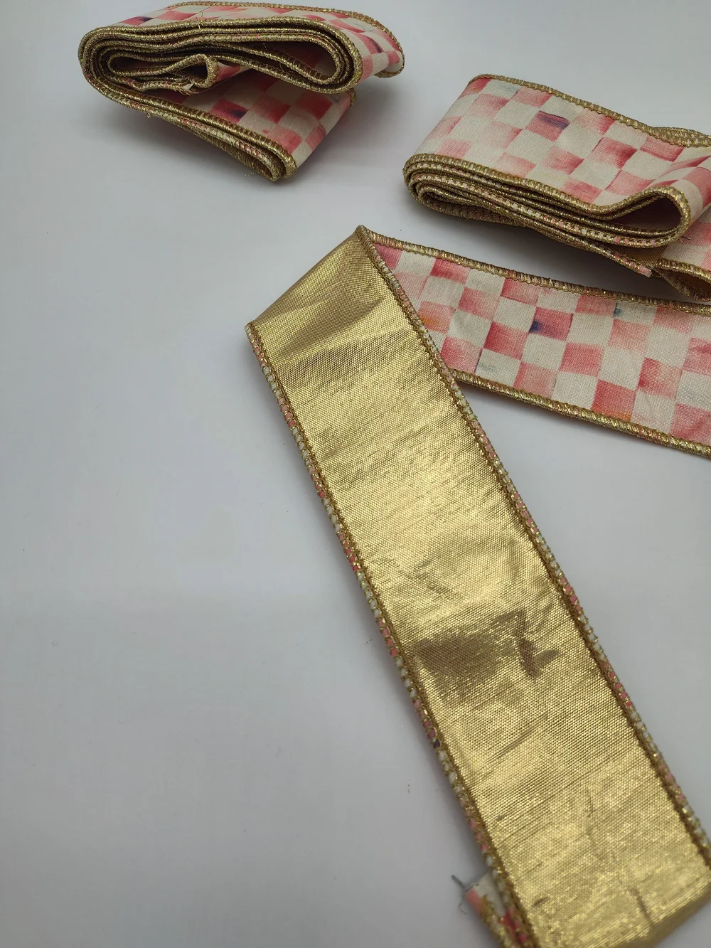 MACKENZIE-CHILDS Rosy Check Wired Ribbon Remnant Bundle 3 Cuts Nearly 6 Yards